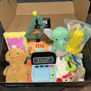 Box of assorted dog toys